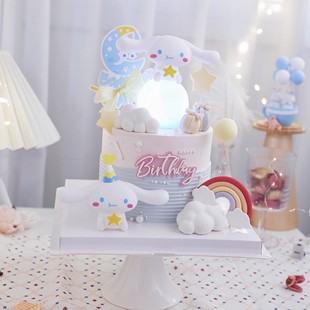 网红玉桂狗蛋糕装 饰摆件发光月球灯大耳朵狗生日烘焙甜品台插件