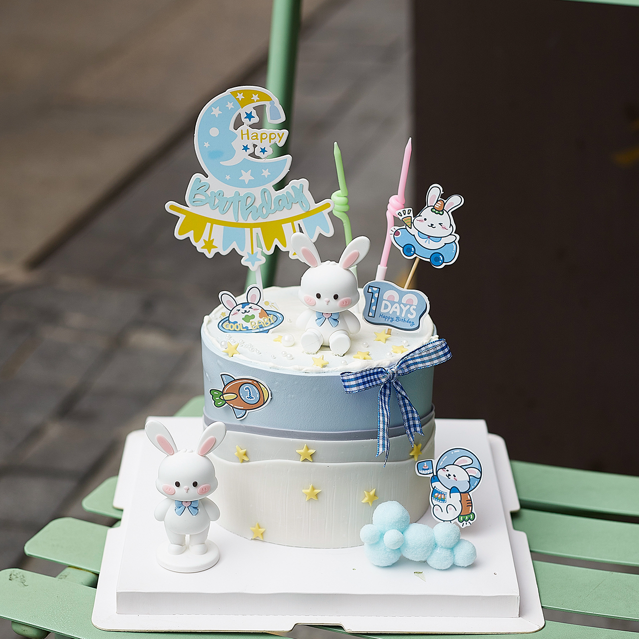 周岁兔宝宝蛋糕装饰摆件可爱小兔子云朵月亮插牌儿童生日派对插件