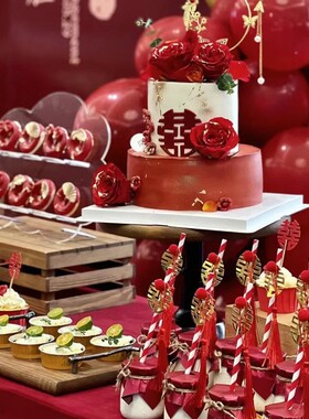 红色系婚礼甜品台蛋糕摆件订婚红纸喜字流苏绳子布丁瓶子烘焙插件