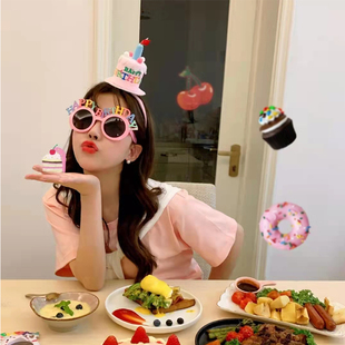 扮头箍拍照道具 网红ins风生日帽蜡烛发箍粉蓝色蛋糕帽生日派对装