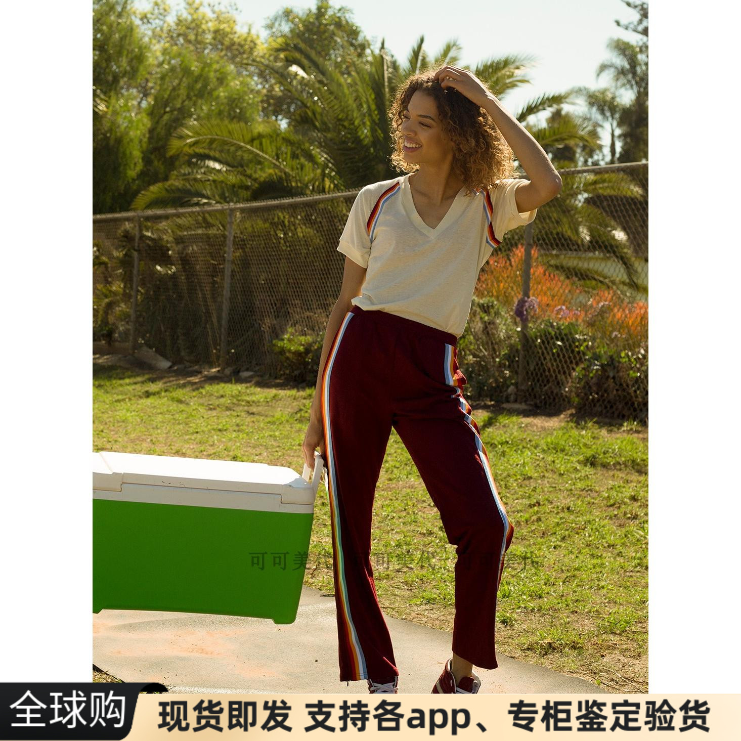 现货美国AA风camp collection复古开叉彩虹滚边条纹拼色阔腿裤