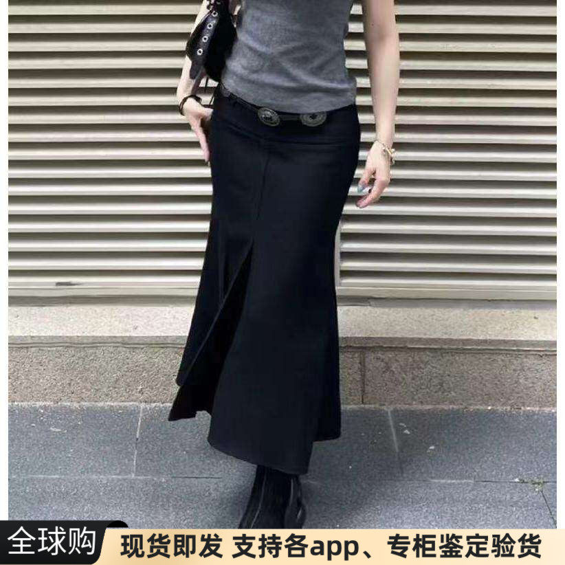 现货正品fax*V黑白显瘦复古包臀百褶开叉中长过膝鱼尾裙半身裙秋