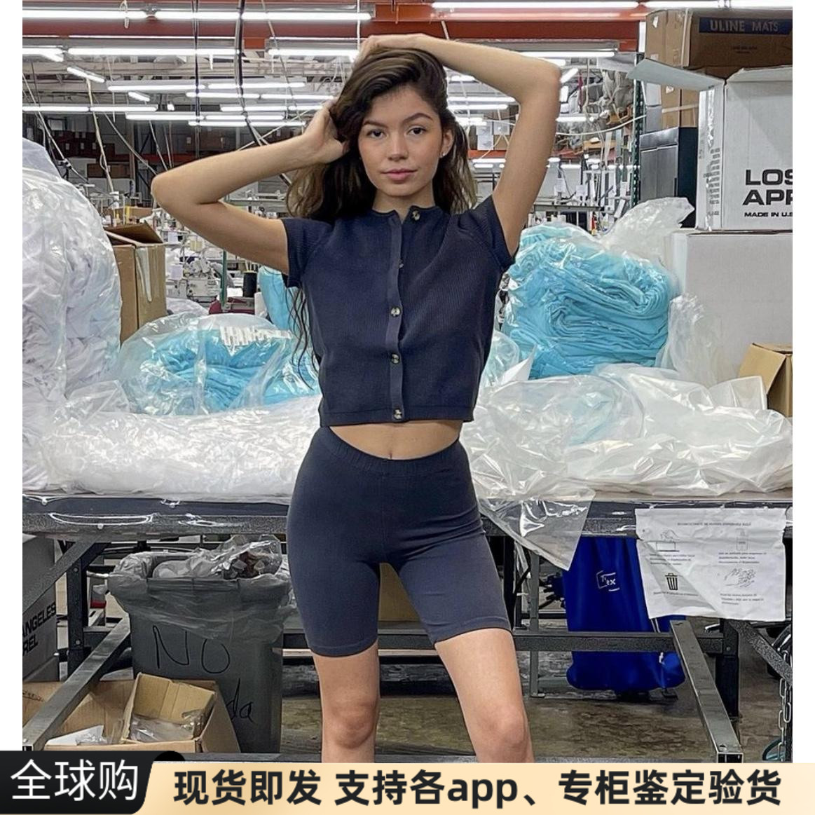 美国代购AA La Apparel法式慵懒短款纽扣针织短袖t恤开衫上衣女