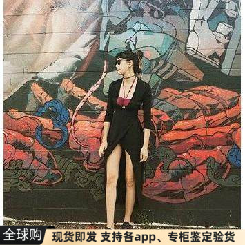 现货美国American Apparel AA深v领长袖系带开叉连衣裙长裙黑色