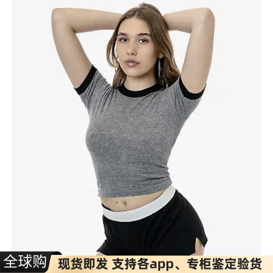 美国代购美产AA La Apparel拼色烧毁修身短款纯色露脐短袖t恤女