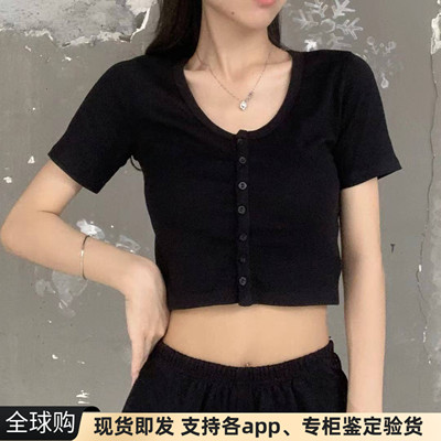 短款短袖t恤大圆领纽扣女AA正品