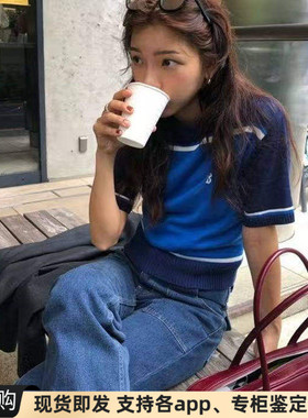 正品现货韩国barnet八奶学院风撞色拼色短款修身短袖针织衫上衣
