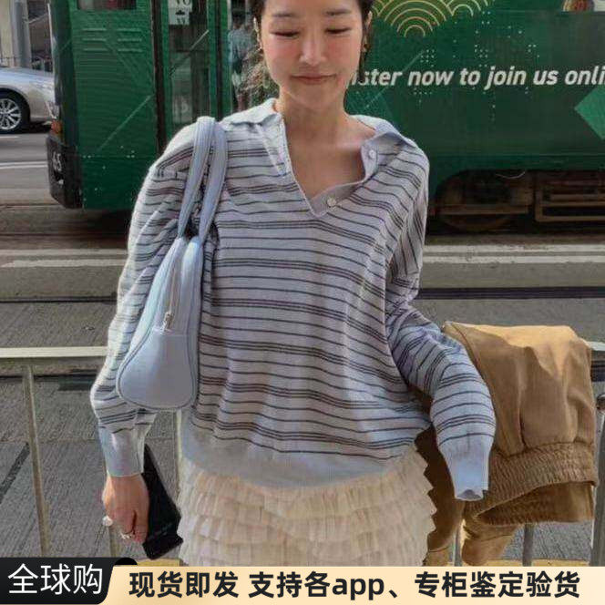 正品现货韩国东大门八奶条纹polo领翻领休闲宽松长袖t恤上衣春夏