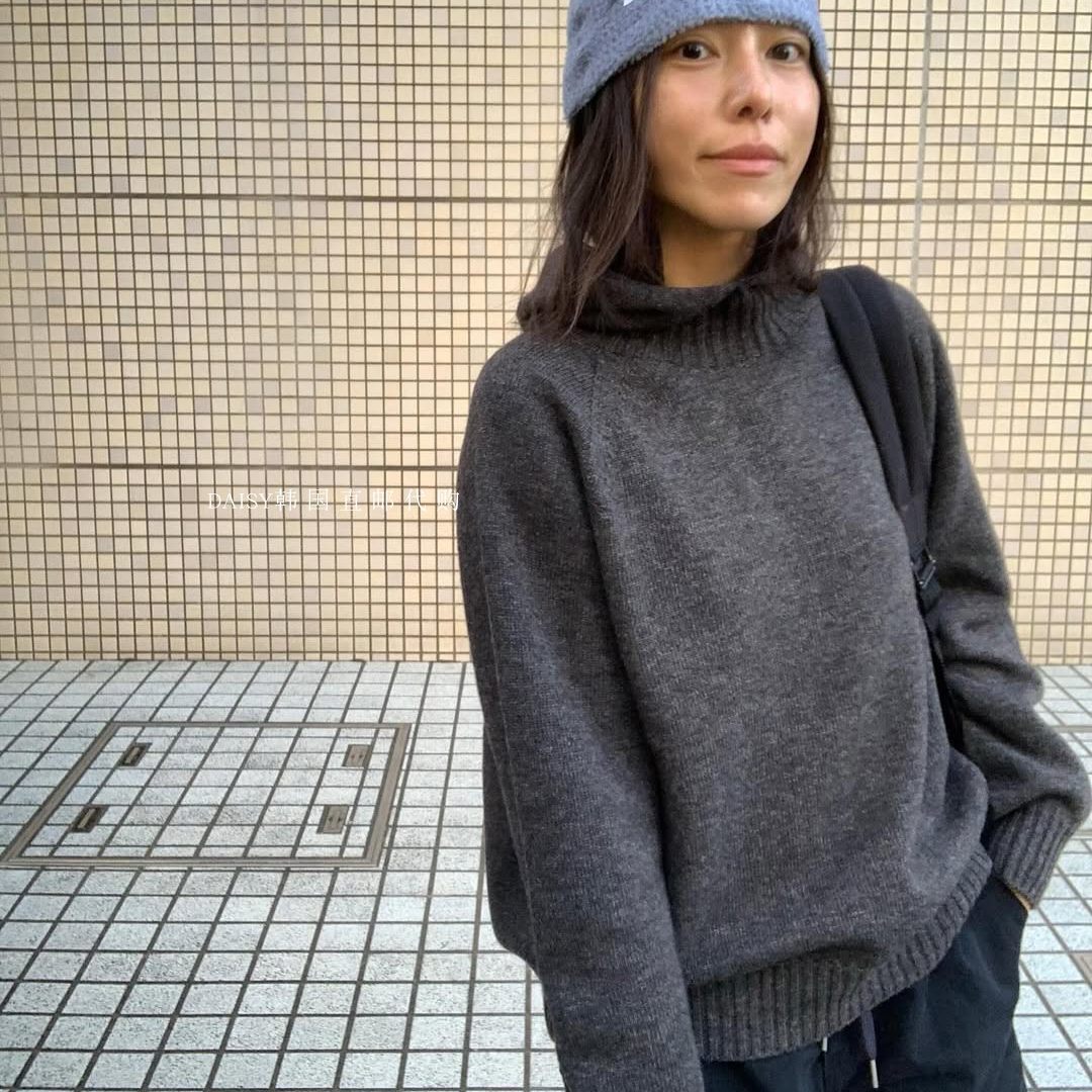 直邮韩国代购2025冬极简风高领连帽羊毛毛衣女灰色套头针织衫