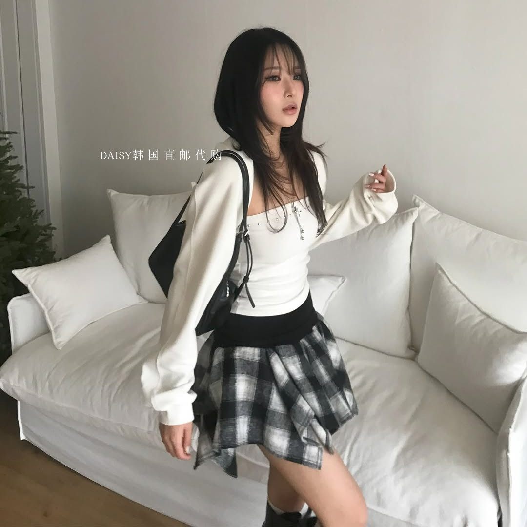 直邮韩国代购2025秋冬新款辣妹紧身抹胸坎肩两件套上衣格纹半裙