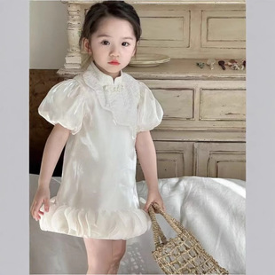 流光旗袍裙子2025夏季新中式新款女童盘扣中国风花瓣裙摆连衣裙