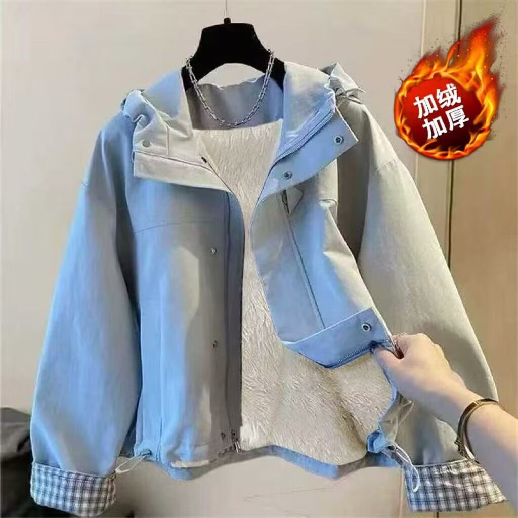 蔚蓝色连帽风衣外套女春秋加绒