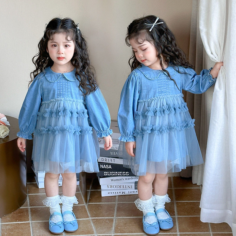 女童娃娃领牛仔纱裙春秋款2025新款小女孩网纱休闲连衣裙小童裙子