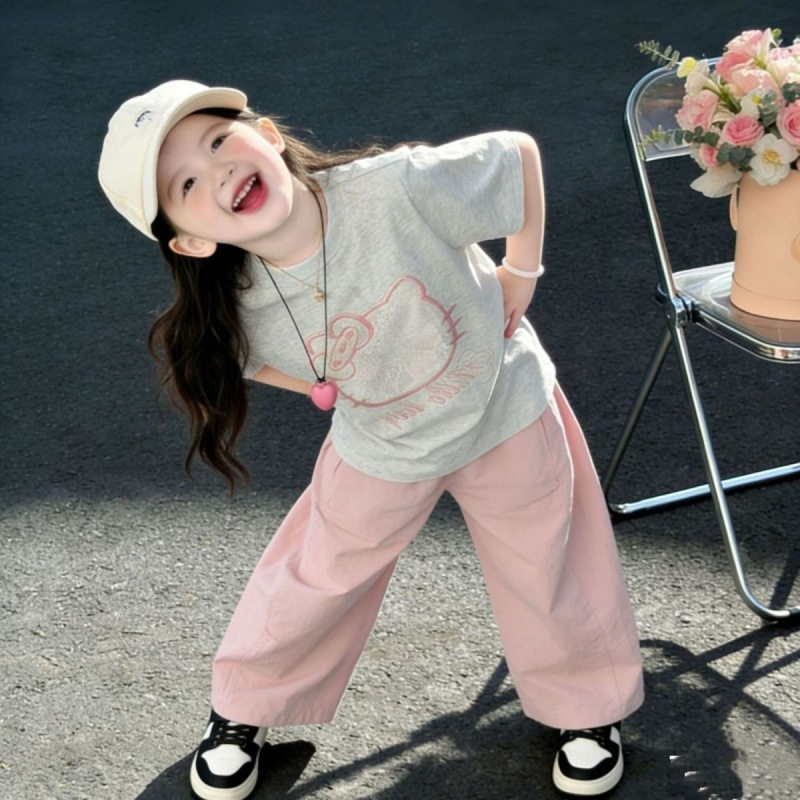 女童夏装套装2026新款中小童宝宝夏天短袖休闲粉色裤子夏装两件套