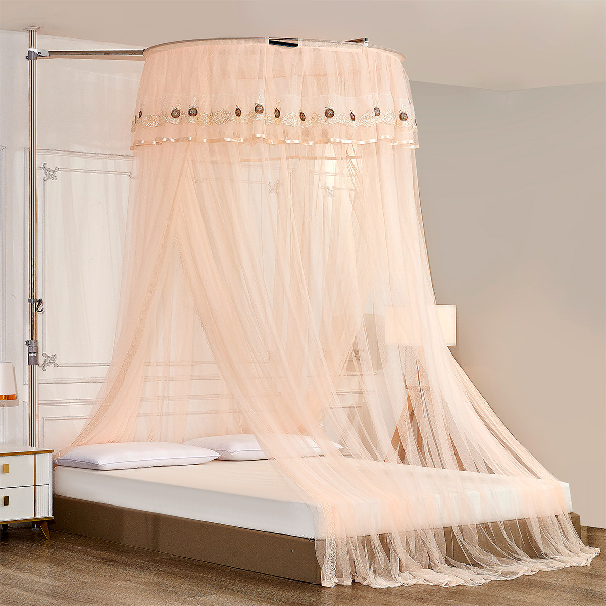 天地杆蚊帐家用免安装2026新款圆顶落地式网红家用卧室吊顶公主风