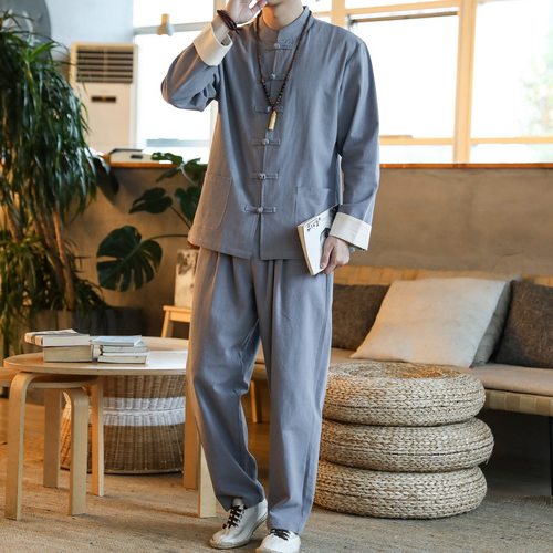 2024春秋季中国风男装棉麻套装复古唐装休闲古装盘扣禅服汉服外套