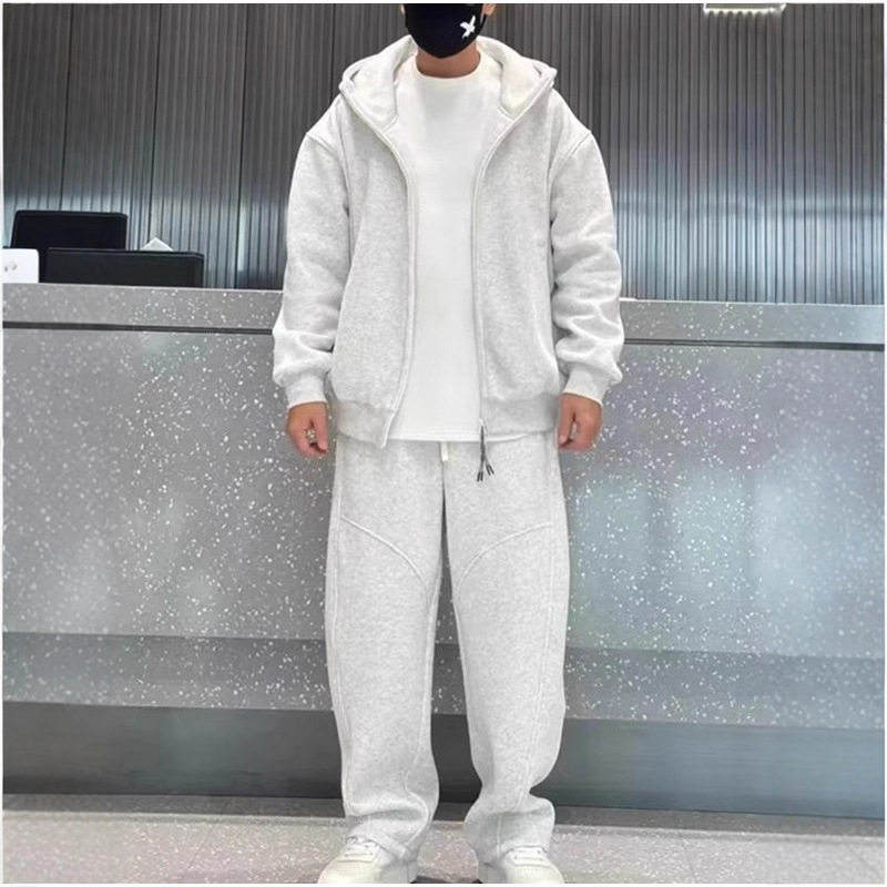 美式重磅加绒开衫连帽卫衣男潮流时尚休闲裤宽松连帽卫衣两件套装