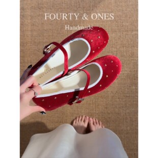 羊皮版~韩系绒面铆钉玛丽珍鞋女2026春季新款内增高圆头浅口单鞋