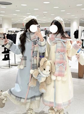 新款小个子夹棉加厚秋冬羊毛格子甜美少女毛呢中长款大衣呢大衣