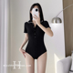 度假温泉泳装 游泳衣女2024新小香风连体短袖 学生小胸遮肚显瘦修身