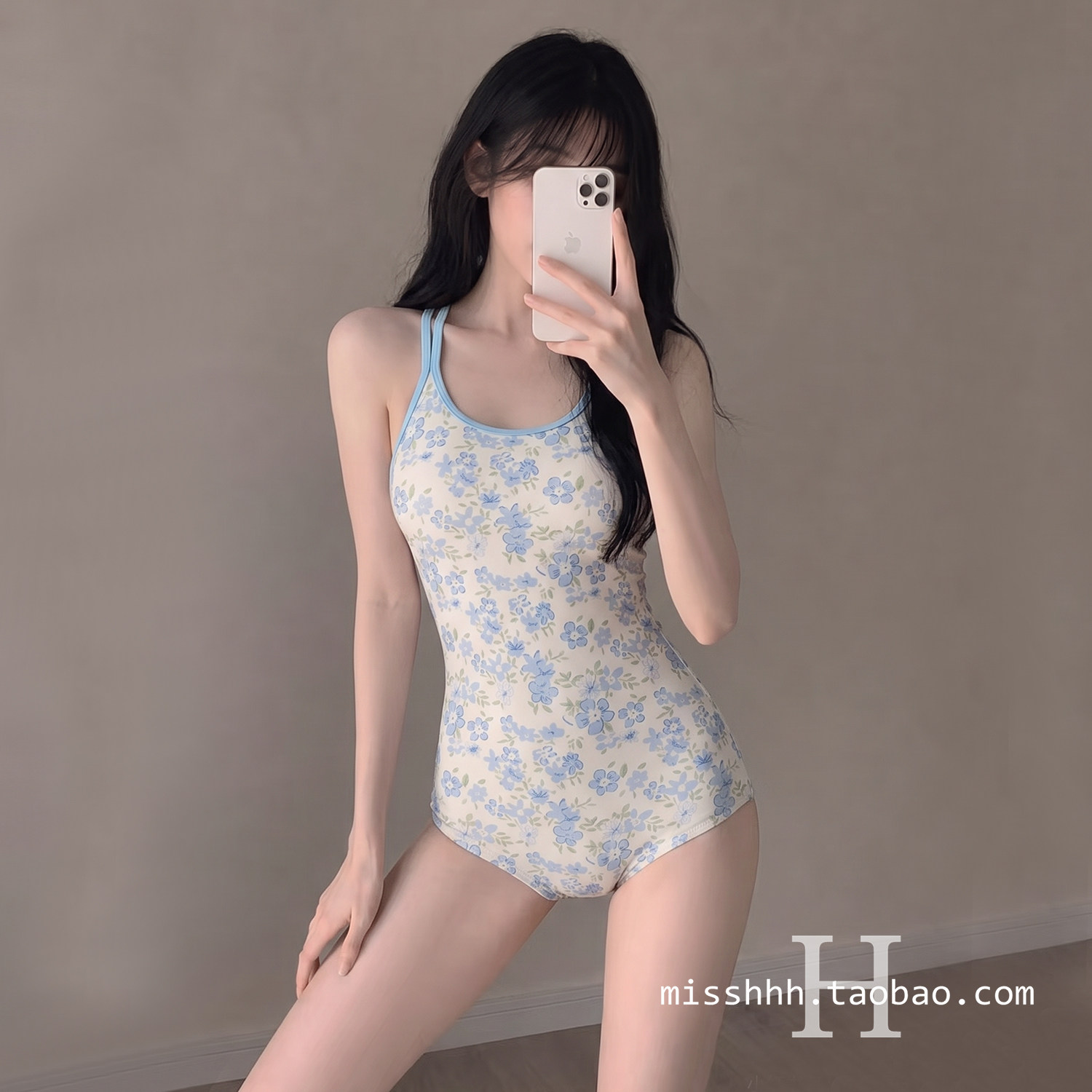 甜美碎花显瘦连体平角竞速泳衣女