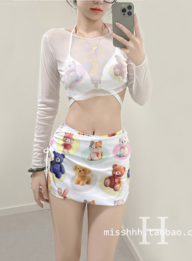 泳衣女甜美印花性感小胸分体高腰裙式三件套长袖网衫度假温泉泳装