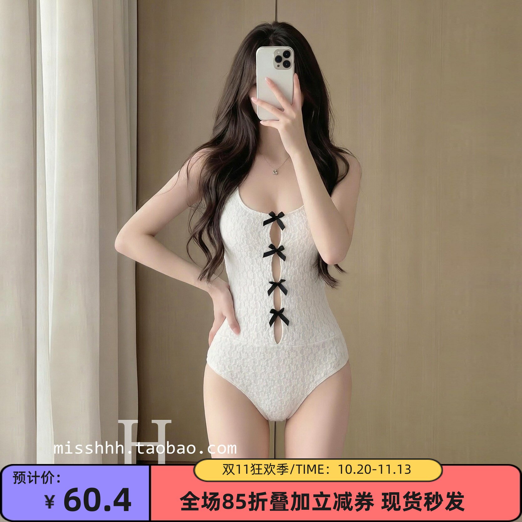 纯欲蝴蝶结蕾丝连体显瘦温泉泳装