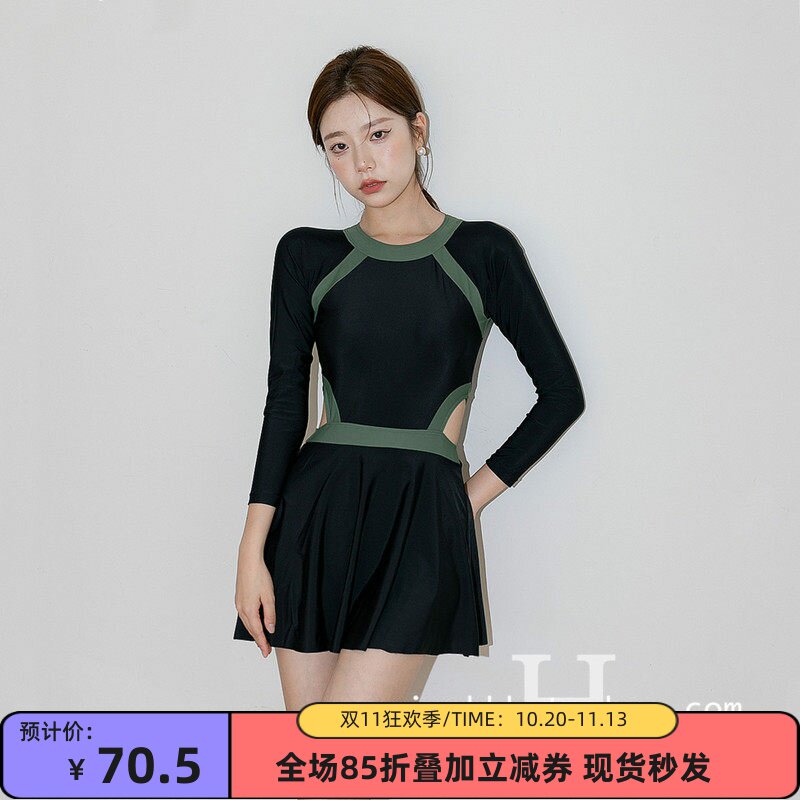 保守微胖显瘦裙式连体长袖撞色露背学生高腰纯色遮肚温泉游泳衣女