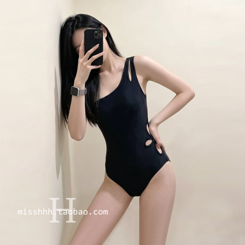 纯欲单肩镂空遮肚显瘦连体泳衣女