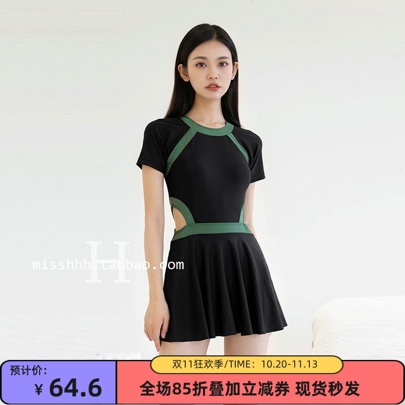2026新款复古撞色短袖遮肚显瘦保守小胸连体美背裙式温泉游泳衣女