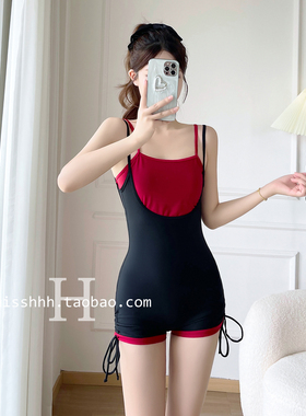 泳衣女纯欲高级感撞色小胸露背连体保守遮肚显瘦性感度假温泉泳装