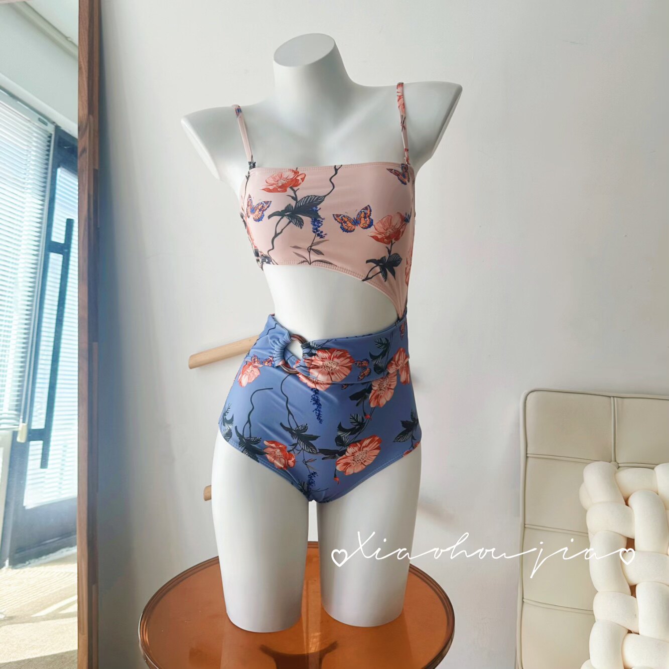 复古碎花高腰遮肚显瘦连体泳衣女