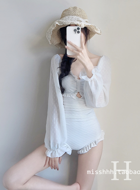 仙女范泳衣纯欲风ins大牌轻奢蕾丝小胸连体长袖遮肉显瘦泳装温泉