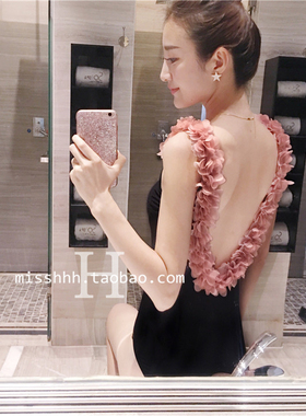 泰国简约气质款立体花瓣性感露背小胸钢托三角连体显瘦温泉泳衣女