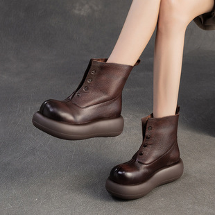 2025秋冬款超轻短靴女两穿前拉链皮靴头层牛皮厚底防滑个性时装靴