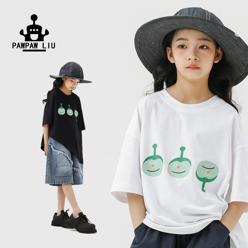 Pawpaw Liu原创设计女童短袖夏装新款儿童宽松斜襟小怪兽T恤男童