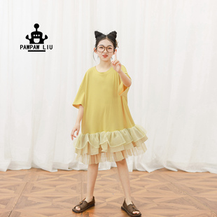 Pawpaw liu原创设计女童连衣裙2026夏装新品儿童甜美浅黄菲边裙子