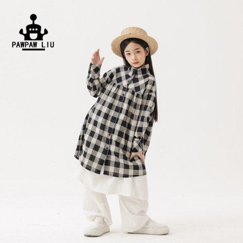 paw家原创女童文艺黑白格子衬衫