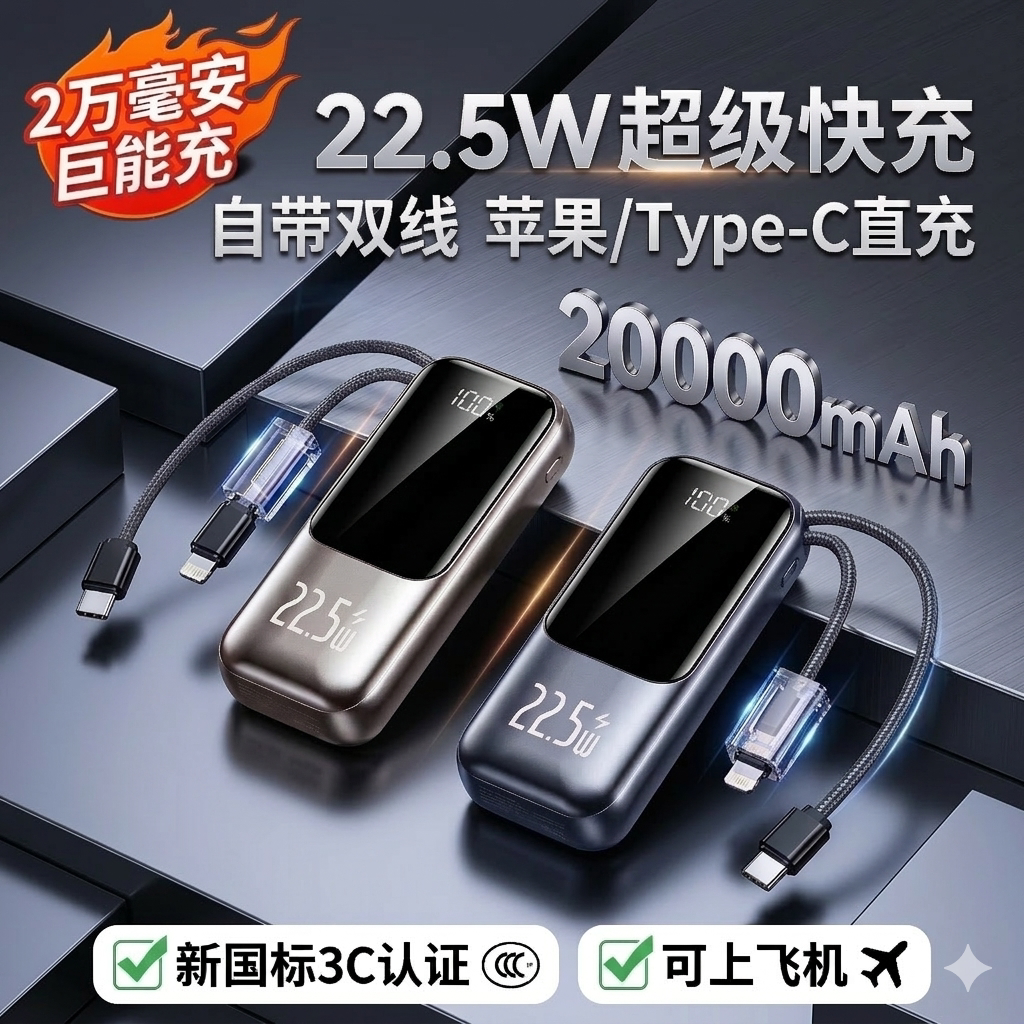 3C认证可上飞机超级快充自带线数显充电宝大容量20000毫安便携