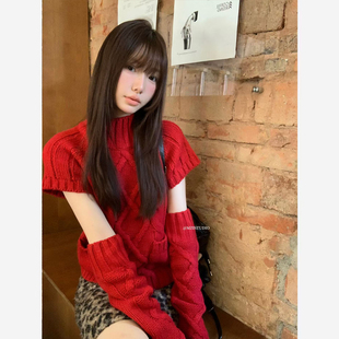 25222 套温柔风针织衫 波尔多红毛衣红色麻花针织袖 几多芝MUCHZHI