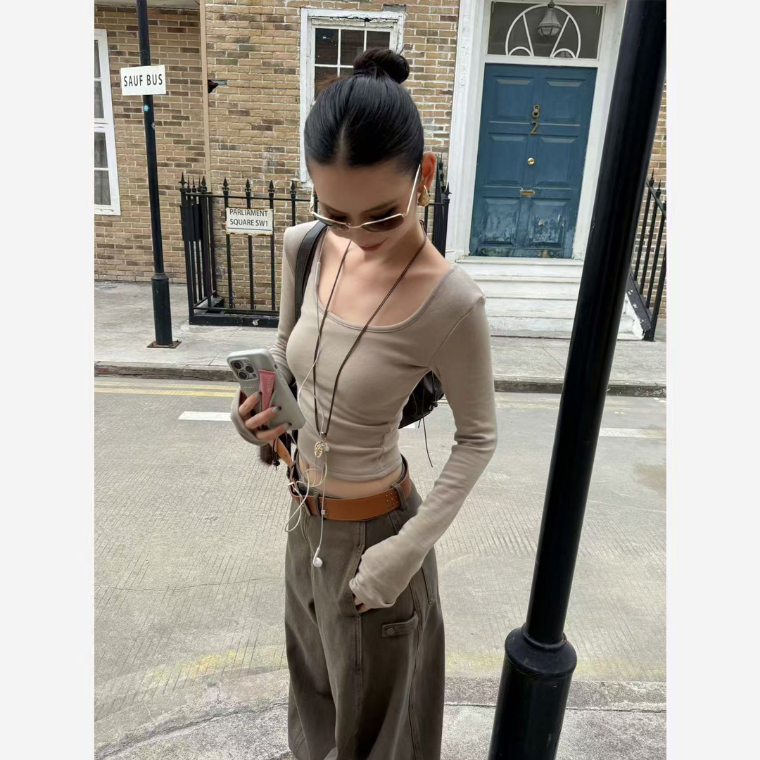 几多芝MUCHZHI  性感U领设计感高弹力磨毛纯欲打底衫长袖T恤T628#