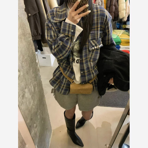 几多芝MUCHZHI  贯穿秋冬高克重宽松休闲长袖格子衬衫外套157125#