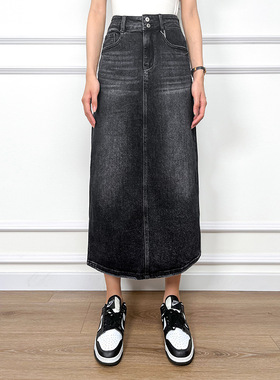 2024早秋黑色百搭时髦侧开衩A字裙女减龄高腰显瘦中弹牛仔半裙