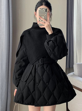 鎏渊家黑色收腰菱格保暖棉服外套(配腰带披肩)TZ85372
