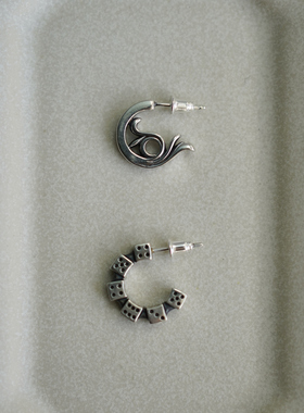 SHUI 925纯银耳钉复古百搭海浪藤蔓骰子羽毛元素小众设计C型耳饰