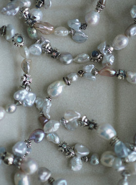 睡莲生生世世 原创设计银蓝色蝴蝶结珍珠925纯银手链小众不撞款