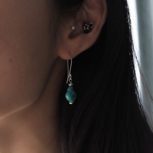 SHUI 925纯银耳环绿松石宝石文艺复古气质民族风耳饰耳坠 单只