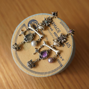 睡莲生生世世 原创设计星球骨头猫咪宝石元素耳钉复古925纯银耳环