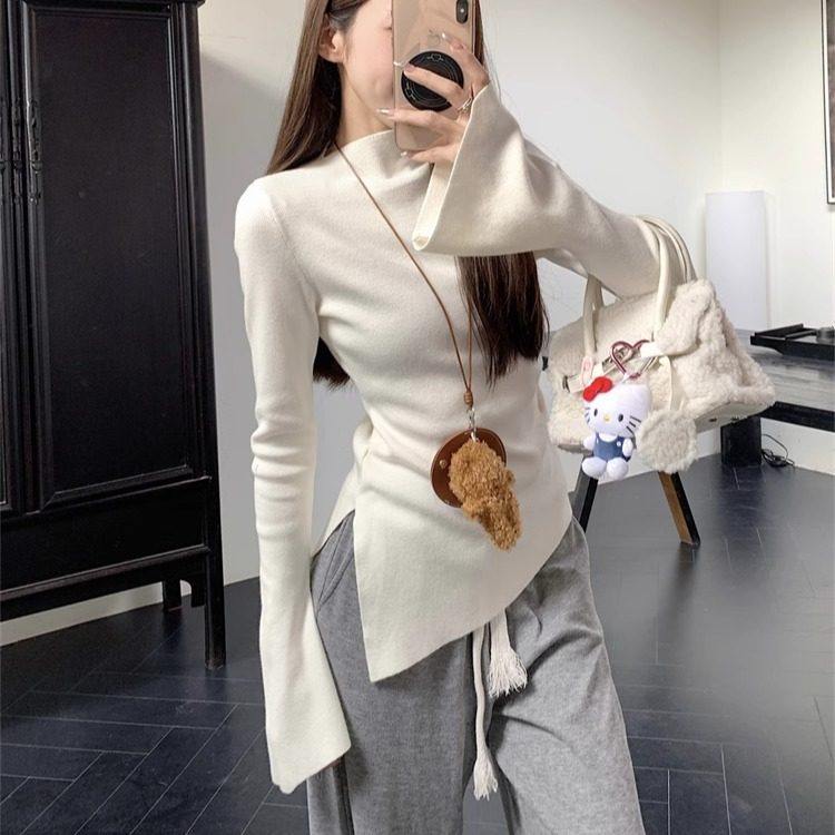 甜辣半高领毛衣女秋冬内搭斜领喇叭袖高级感修身开叉针织打底上衣,个性定制/设计服务/DIY,棉服工装,淘宝优惠券,粉丝福利购,淘宝优惠卷
