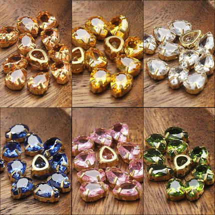 【7*10mm水滴彩色锆石】爪钻手缝钻法式刺绣材料多切面镂空手缝钻